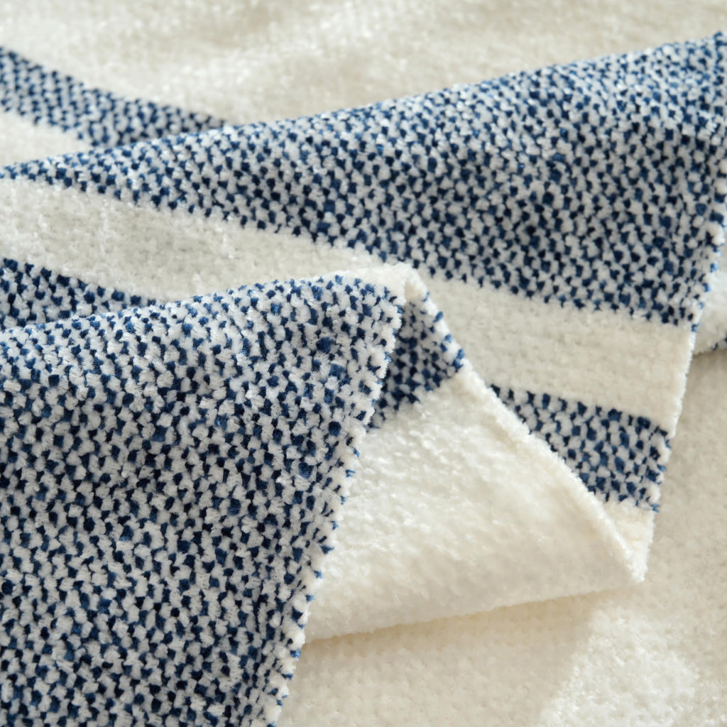 Chenille Throw Blanket with Knotted Tassels 50x60, Blue Stripe