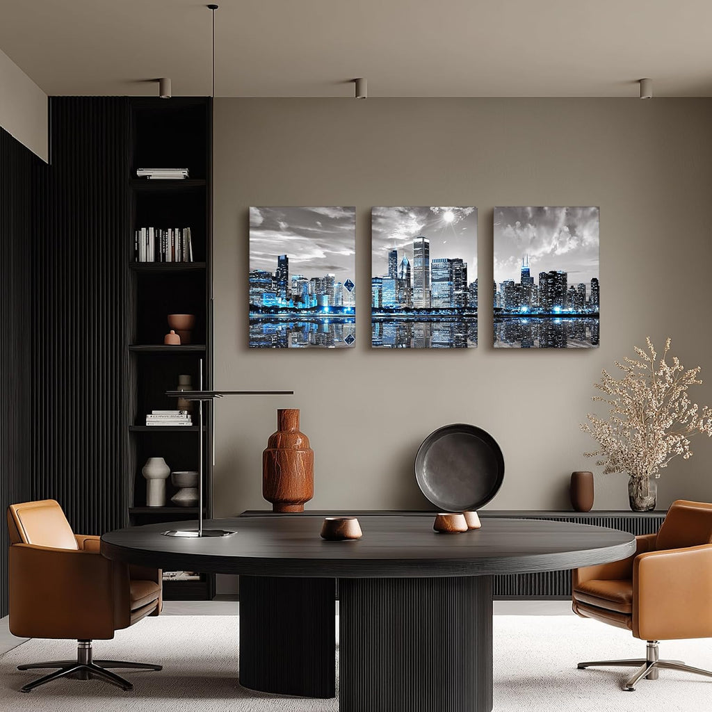 Chicago Skyline Wall Art , Modern City Pictures Canvas Wall Decor Bedroom 3 Pieces Set Night Scene Prints Paintings