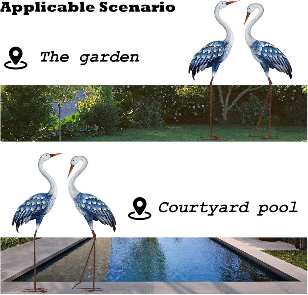 Blue Metal Heron Statues,Outdoor Garden Crane Sculptures 47-48 Inch | Waterproof and Rust-proof Bird Yard Art, For