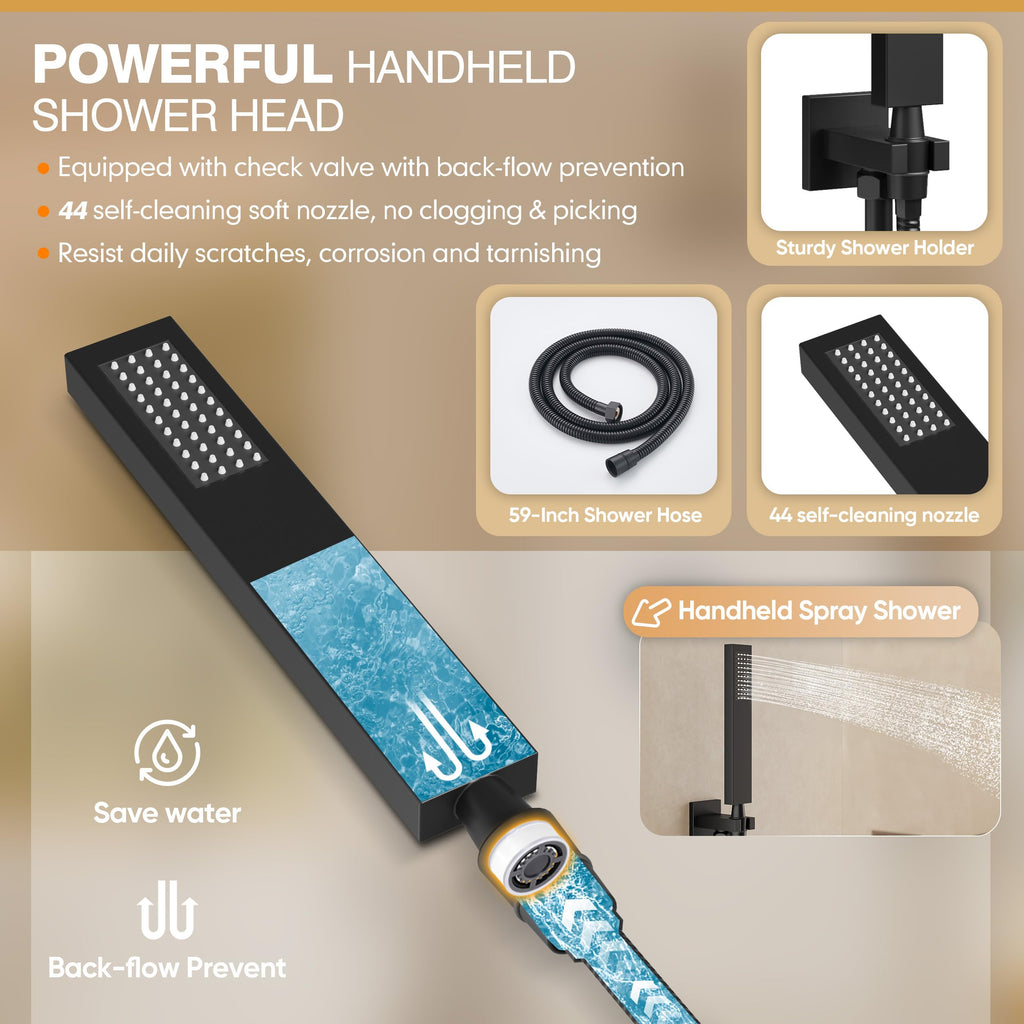 Black Shower System, All Metal Dual Rain Shower Head with Handheld