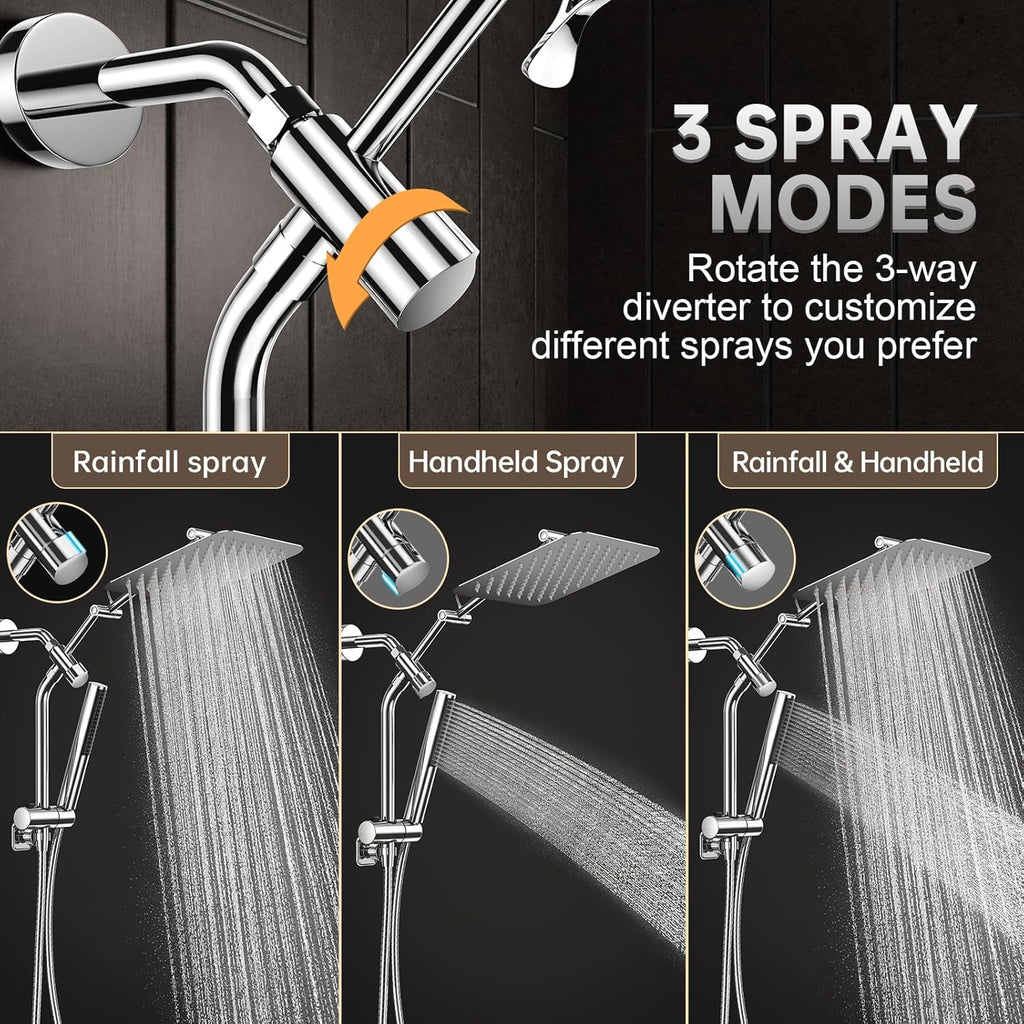 All Metal 10" Shower Head with Handheld, Luxurious Square Double Rain Shower Heads,Power Wash Wand,Dual High Pressure