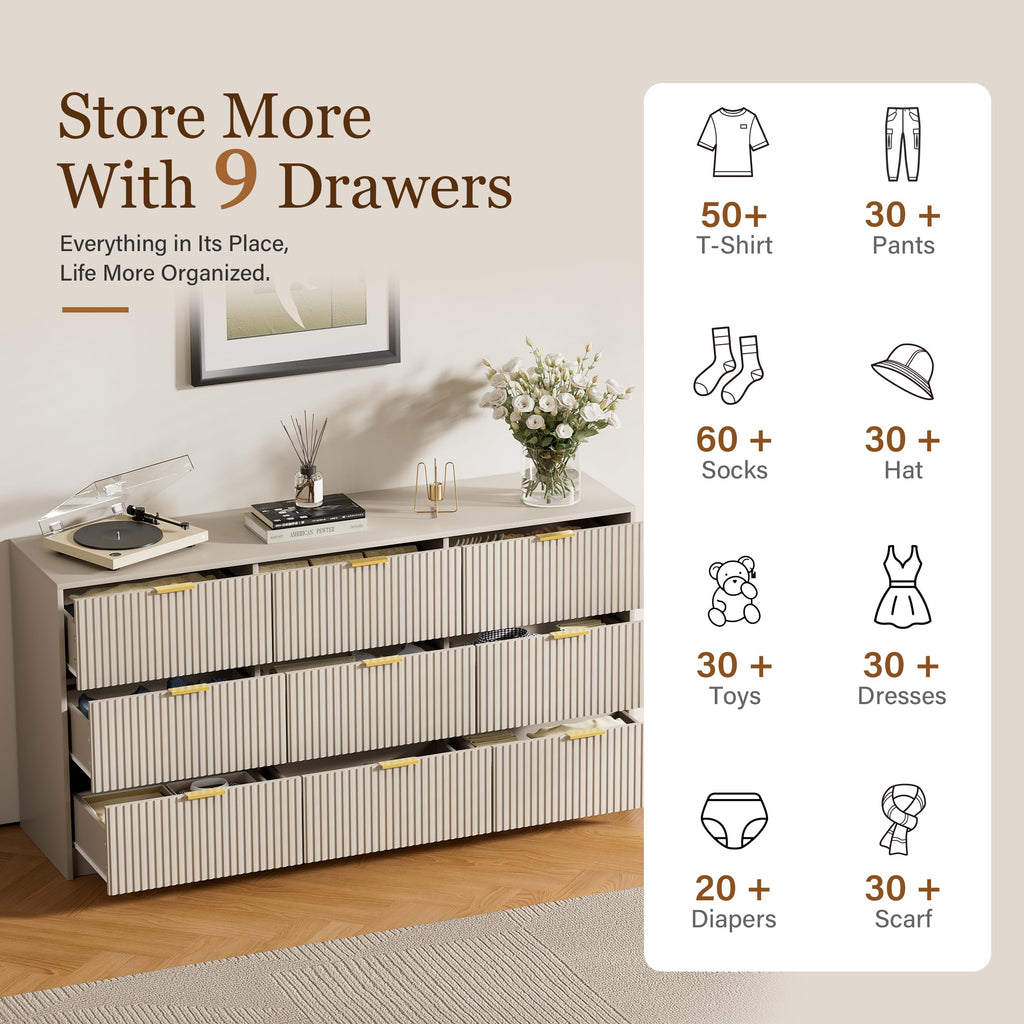Beige 9 Drawer Dresser, 63" Wide Fluted Wood Dresser