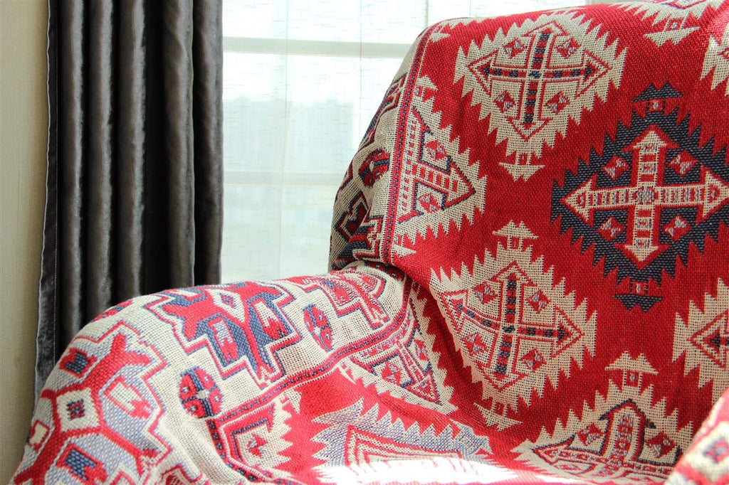 Bohemian Cotton Woven Red Geometric Pattern Throw Blanket with Tassel Couch Decorative Seat Cover Soft Chair Cover