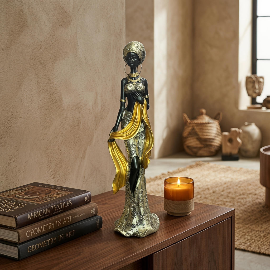 14 Inch African Oshun Goddess Statue Black Gold Home Art Decor
