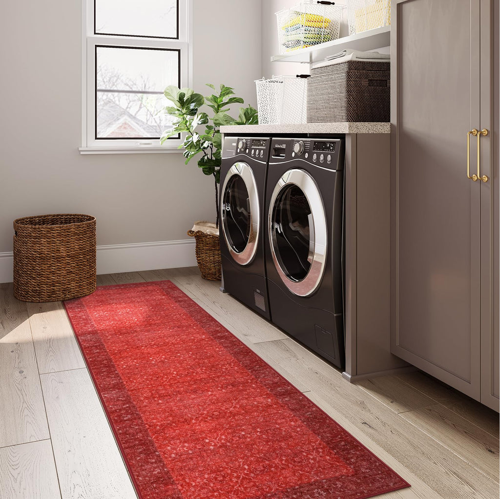 Red Kitchen Runner Rugs Non Skid Washable, Long Hallway Runner Rug 8 Ft, Ultra-Thin Vintage Red Carpet Runner