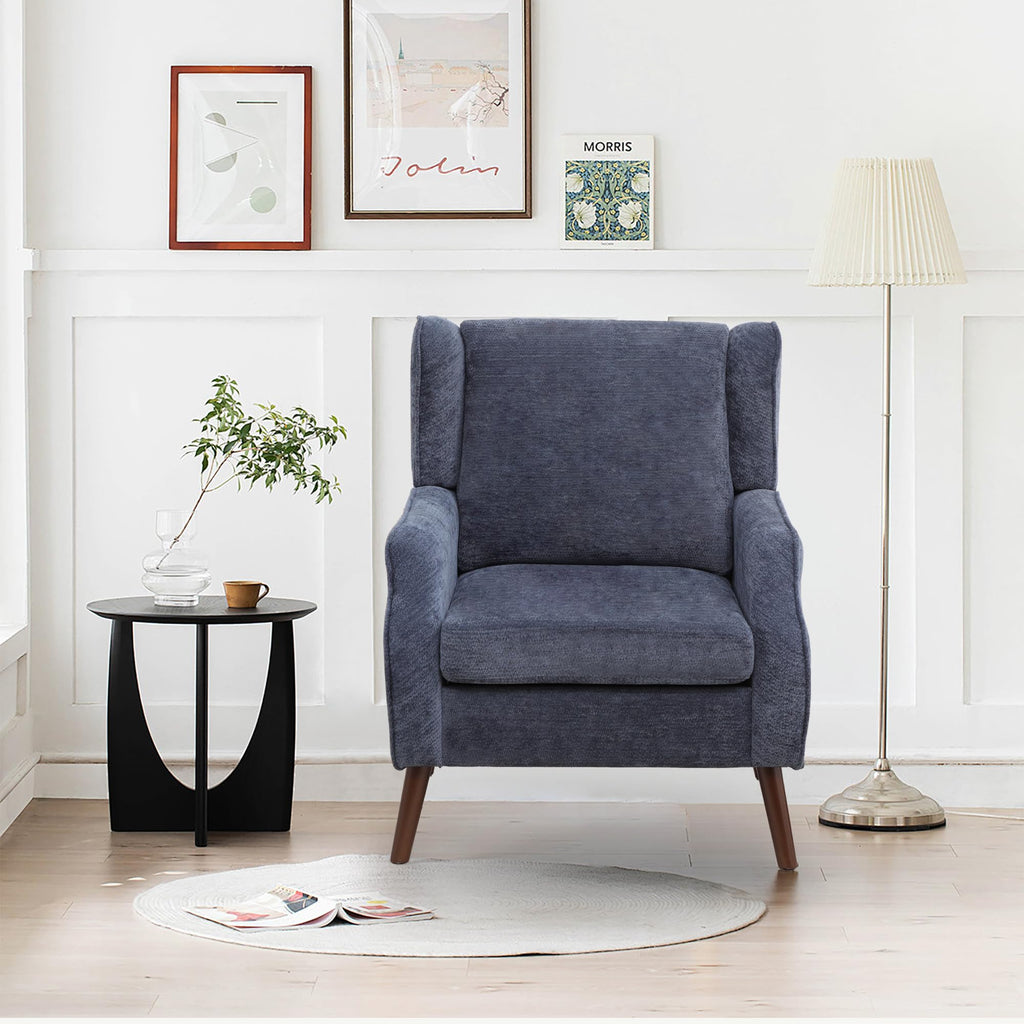 Accent Chair, Mid Century Modern Wingback Chair, Upholstered Fabric Armchair with Lounge Seat and Wood Legs