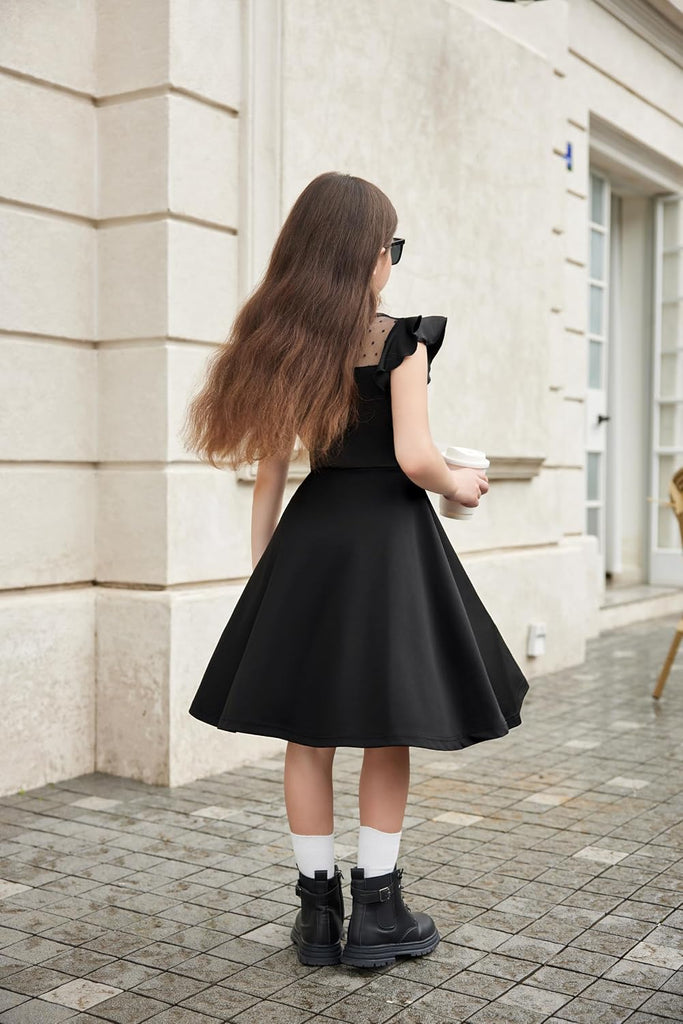Girls Dresses Summer Formal Party Wedding Ruffle Sleeve Mesh Knee Length A Line Dress with Pockets