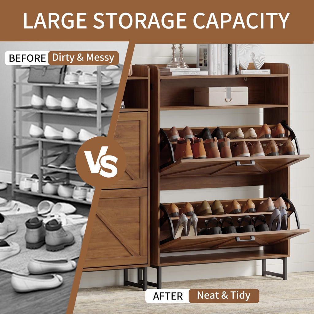 Shoe Storage Cabinet with 2 Flip Drawers, Entryway Shoe Rack, Walnut