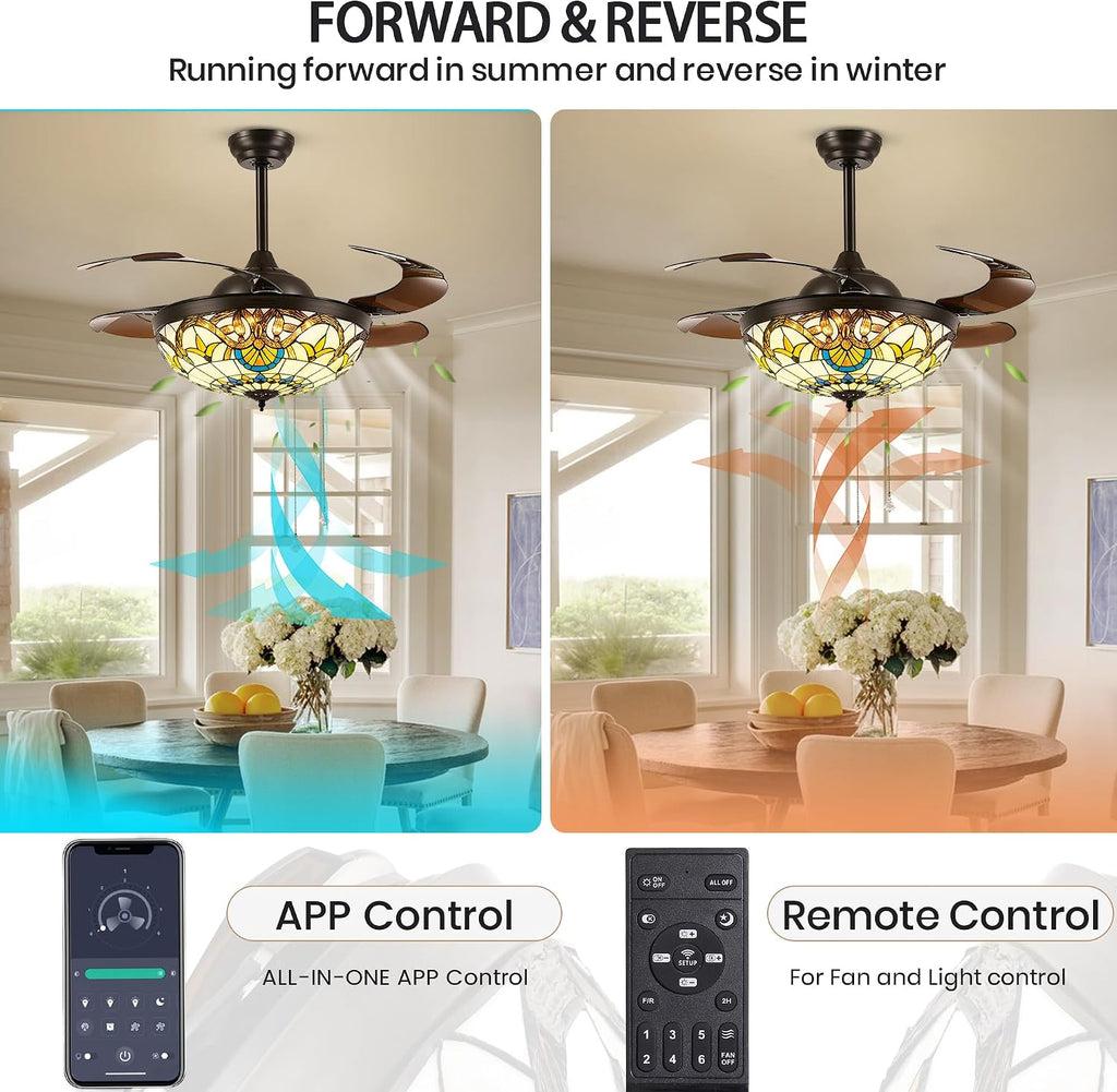 42" Tiffany Ceiling Fans with Lights Stained Glass Ceiling Fan Retractable Chandelier Fan with Remote Control