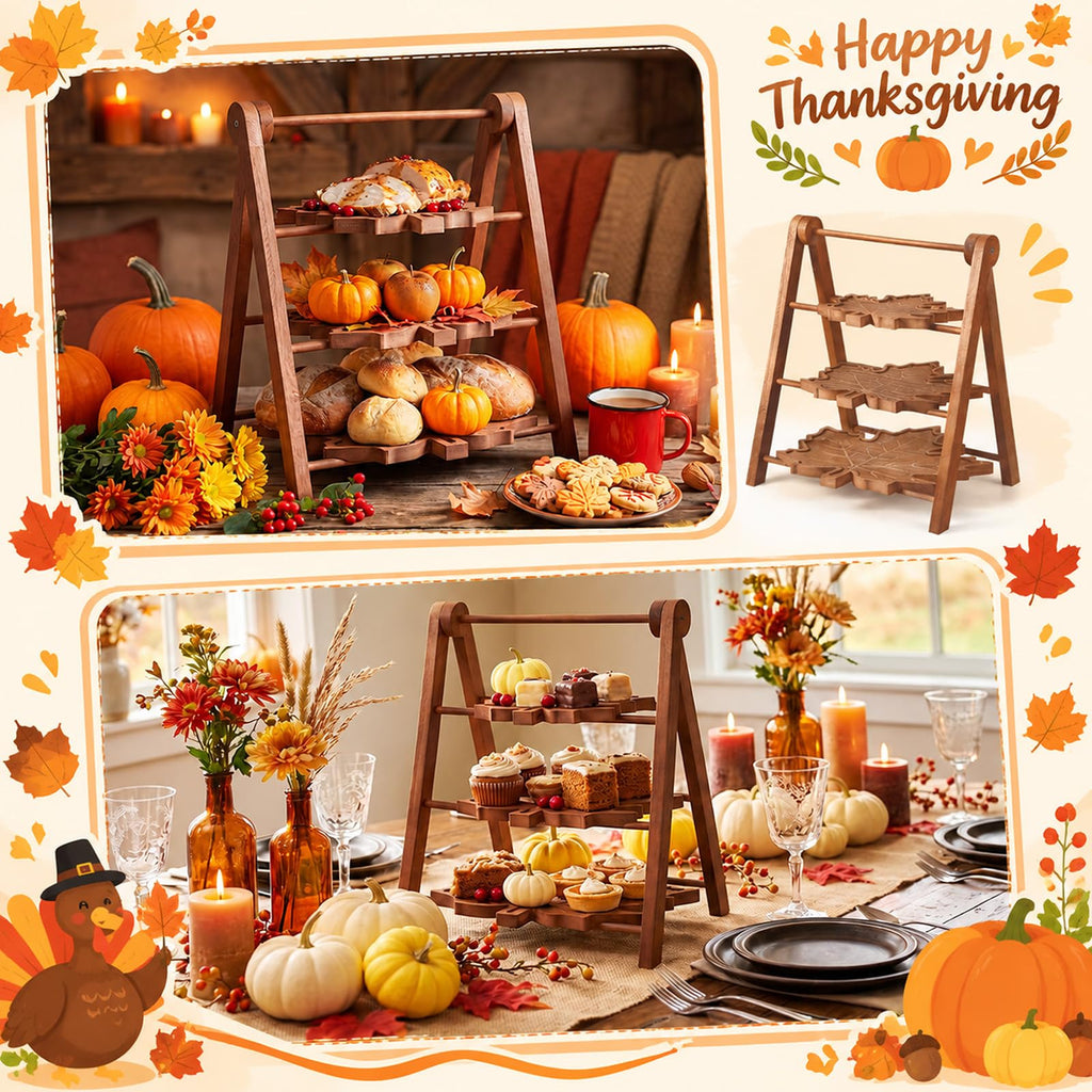 3 Tier Maple Leaf Serving Tray with 16" Collapsible Ladder Stand