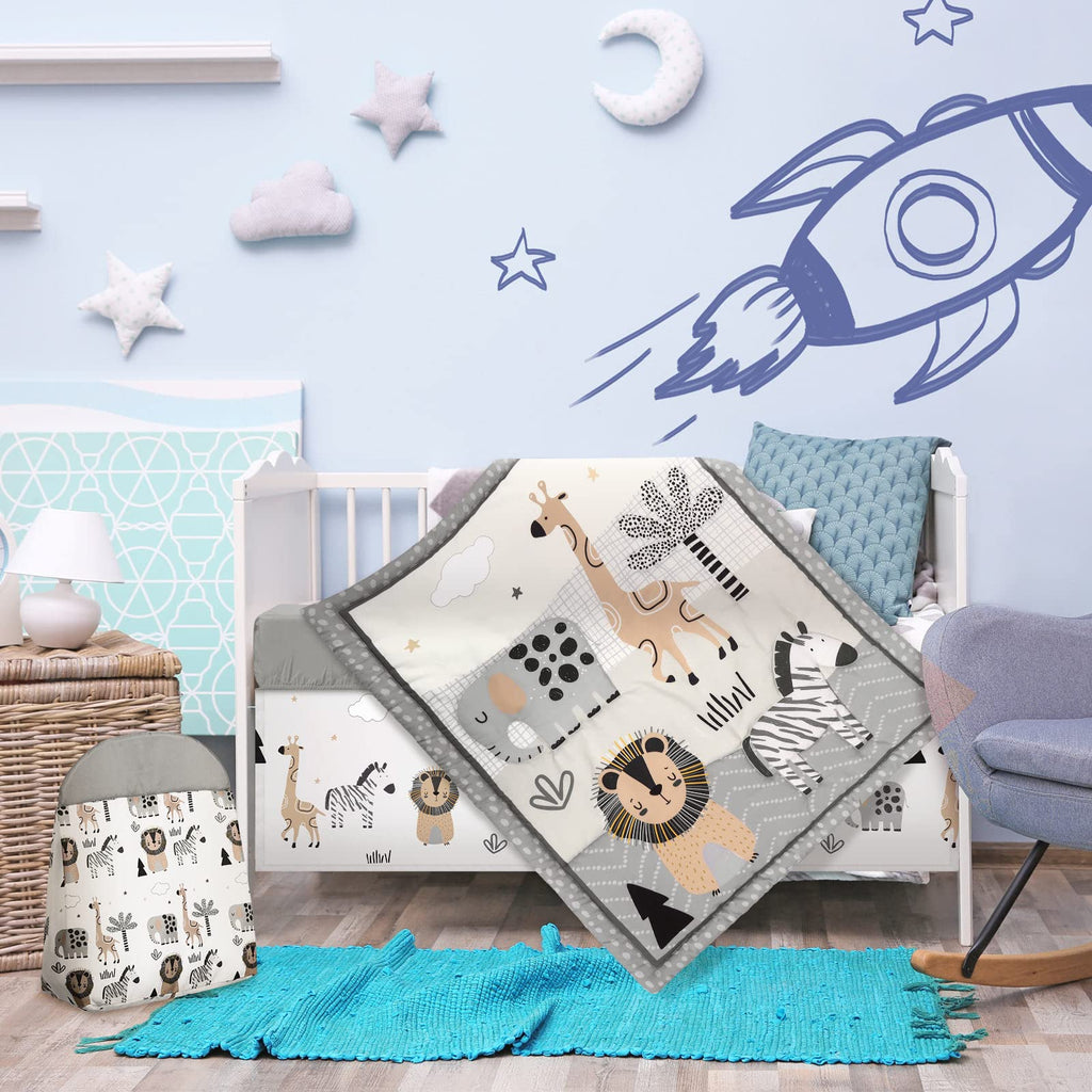 4 Piece Safari Animal Crib Bedding Set with Skirt Blanket Sheet