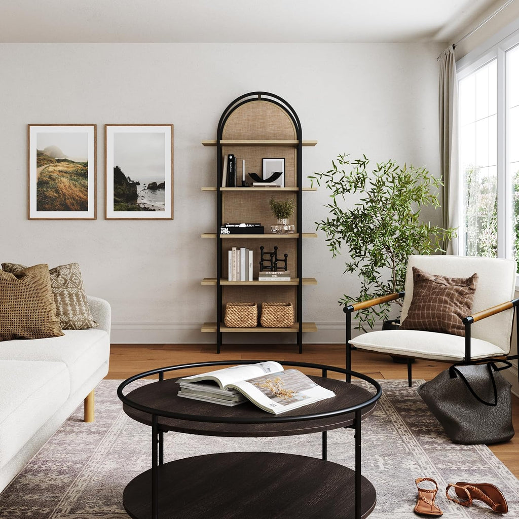 Amara Bohemian 5-Shelf Etagere Bookcase, Rattan Open Bookshelf with Arch Top, Light Oak/Matte Black