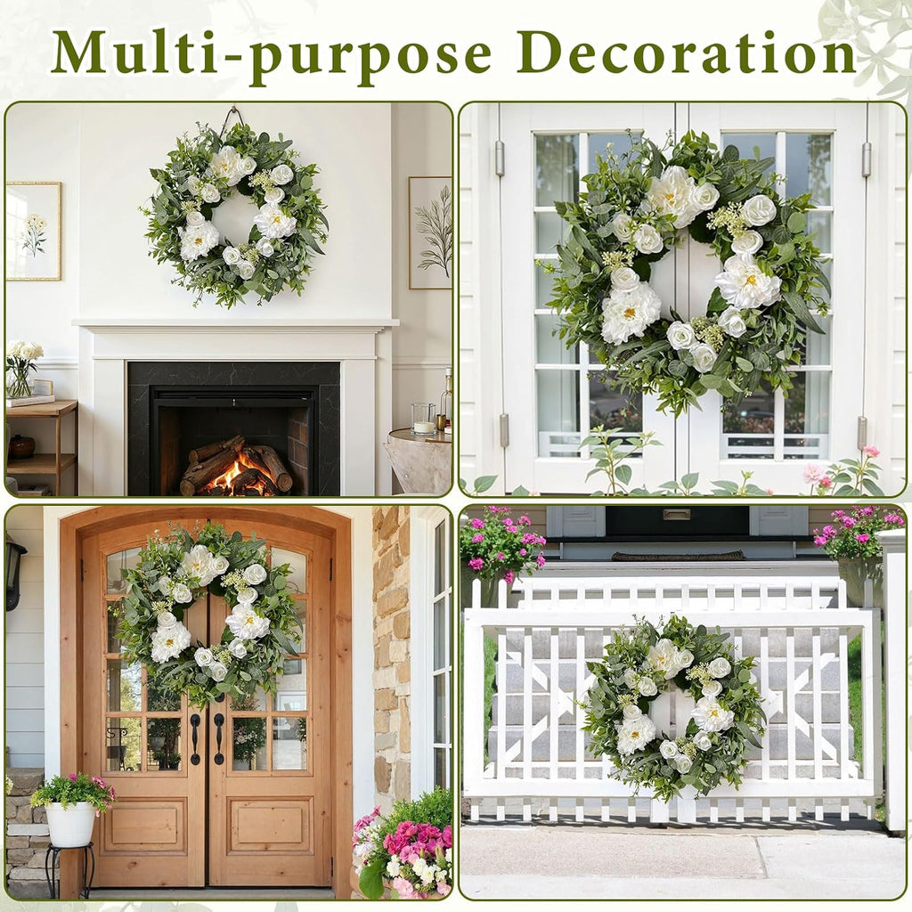 Summer Wreaths for Front Door 24" White Dahlia Rose Floral Wreath