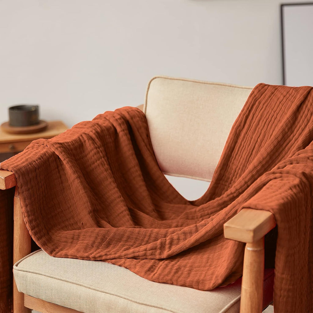 Cotton Muslin Throw Blanket, Knit Woven Gauze Blanket with Tassels, Soft Lightweight Cozy Pre-Washed Breathable