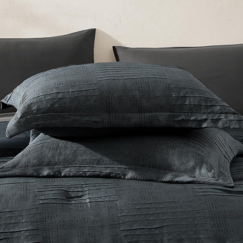 MaiRêve Queen Comforter Set Blue Grey, Textured Design Crinkle Bedding Sets 7 Pieces