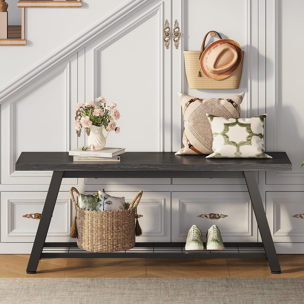 Industrial Entryway Bench Rustic Wood and Metal Storage Bench for Indoor Living Dining Room Bedroom Long Shoe Benches