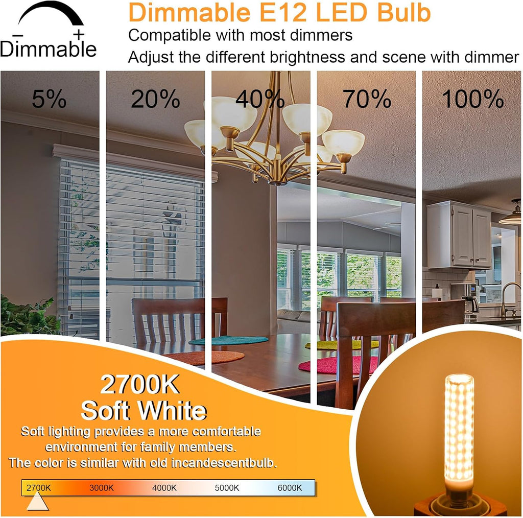 E12 LED Bulb 12W, 100W 120W 150W Halogen Equivalent 2700K Soft White, 4 Pcs