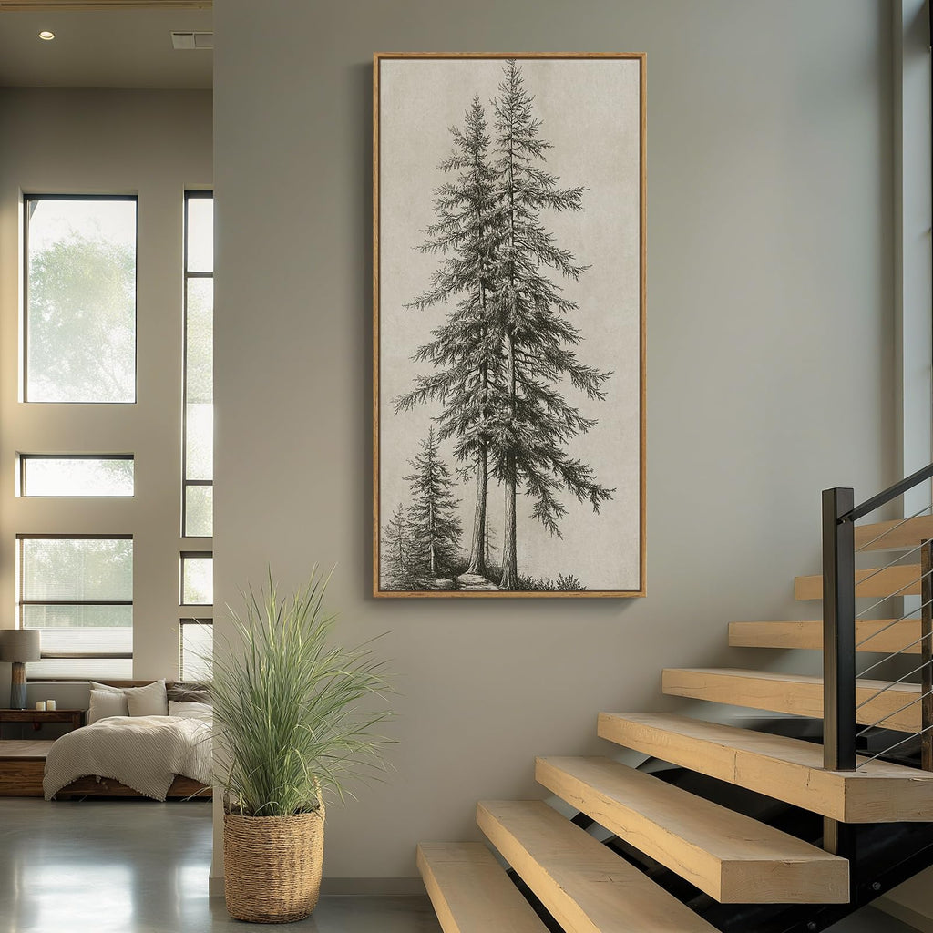 Framed Vertical Vintage Tree Sketch Wall Art, 20x40 Inch