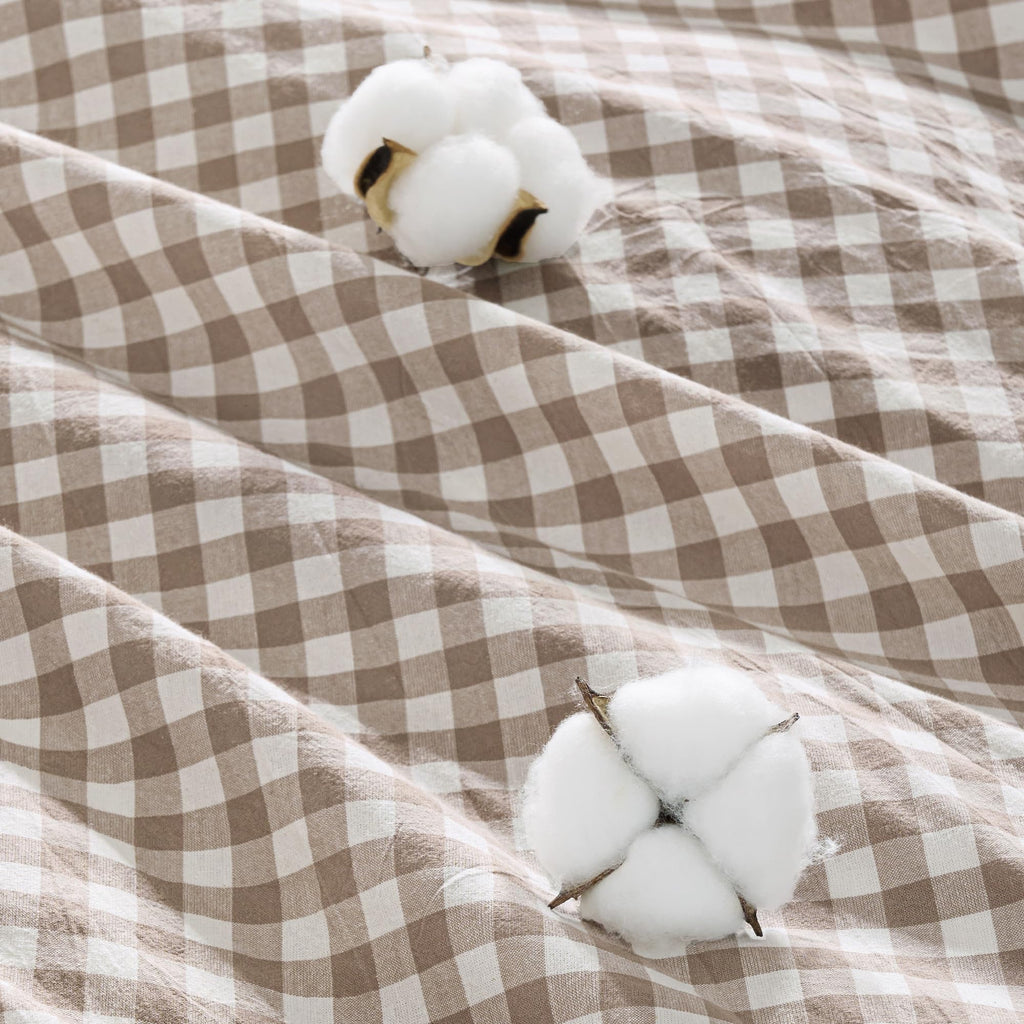 Tan Gingham Duvet Cover, 100% Wash Cotton Bedding Set 3 Piece