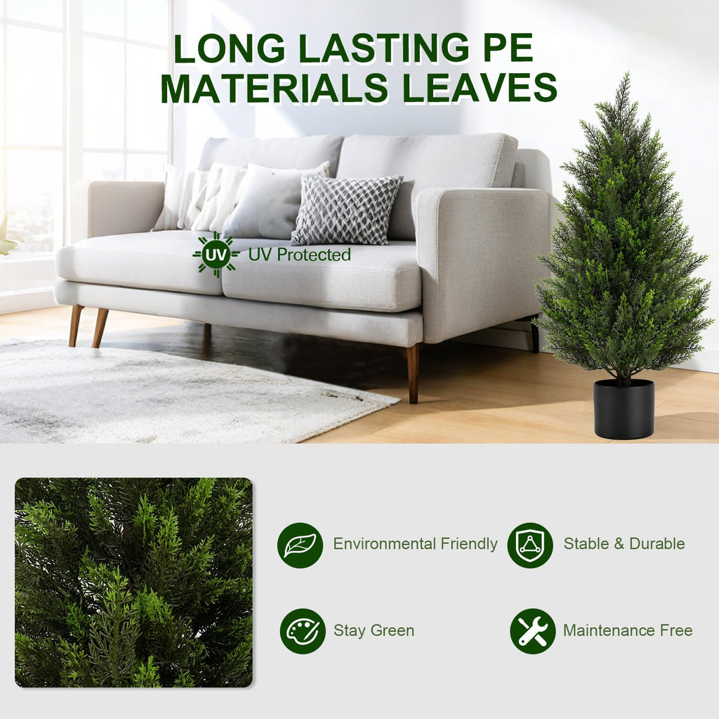 3FT Artificial Topiary Cedar Trees, UV-Resistant Faux Evergreen Outdoor Plants, Artificial Pine Tree for Outdoor