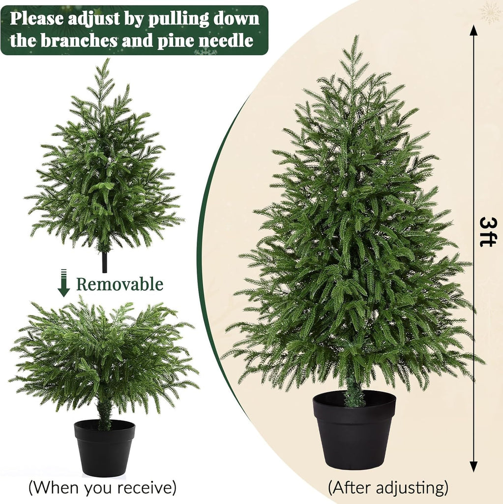 3FT 2PCS Small Christmas Tree with Lights, Pre-Lit Norfolk Pine Tree Potted