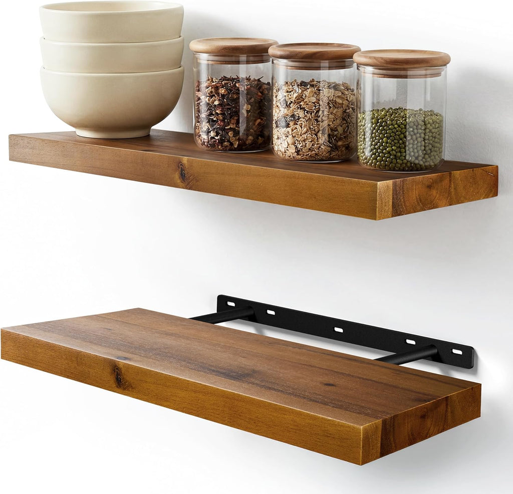 Set of 2 17" Acacia Wood Floating Shelves Wall Mounted - Rustic Farmhouse Wooden Wall Storage Shelf Décor - Brackets