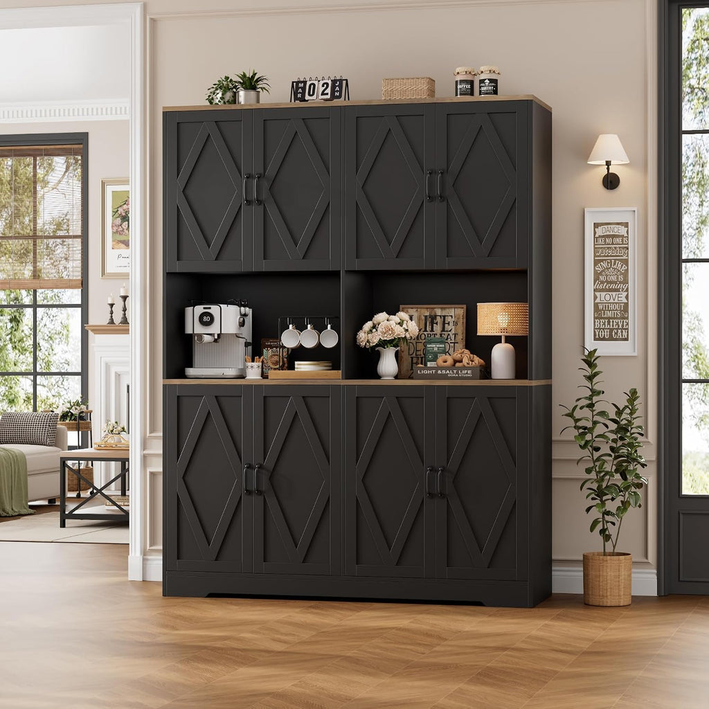 55" W Pantry Cabinet, 71" Tall Kitchen Hutch Storage Cabinet, Black | Farmhouse Hutch Cabinet with 2 Independant