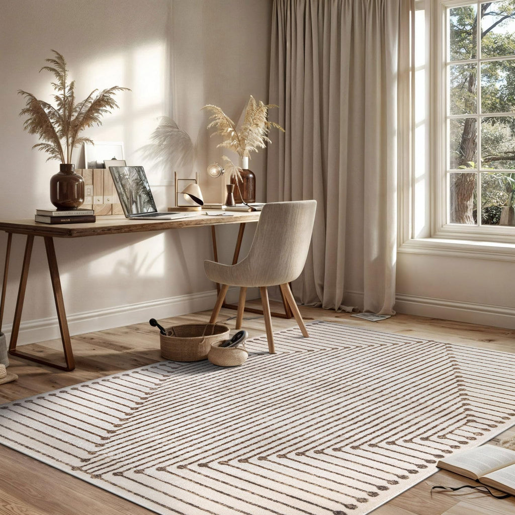 Abstract Line Pattern Neutral Decor Area Rug Beige