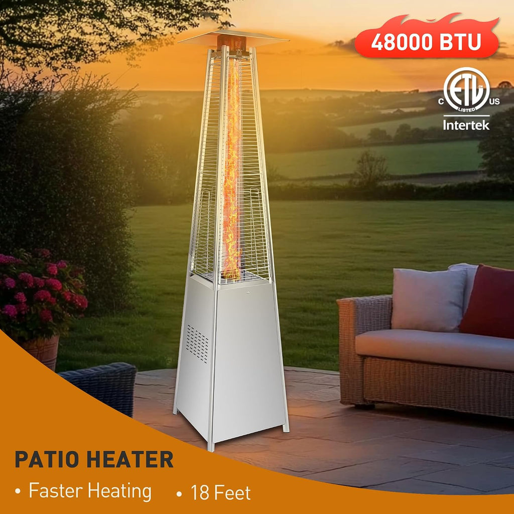 Pyramid Patio Heater, 48000 BTU Glass Tube Propane Patio Heater with Wheels and Cover, Outdoor Propane Heaters