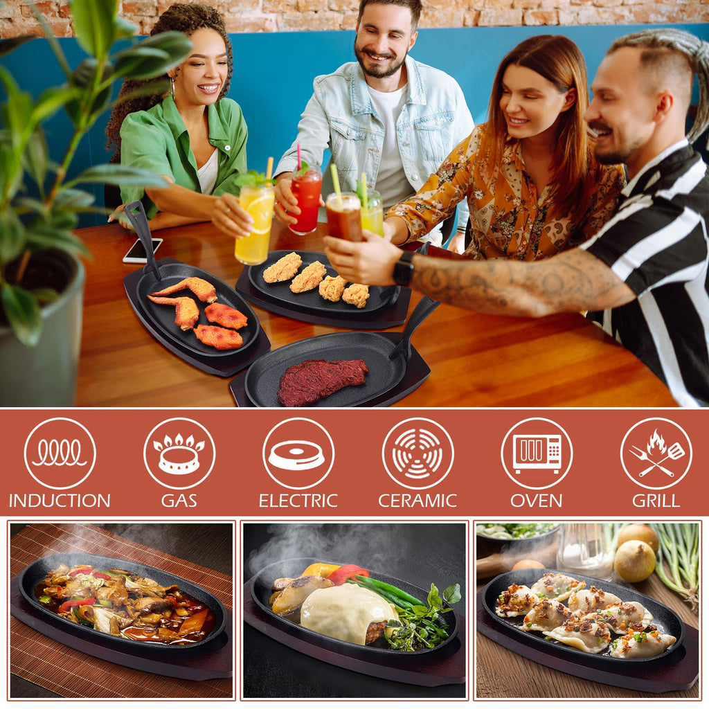 8 Pieces Cast Iron Fajita Skillet Pan Set Sizzling Steak Plate