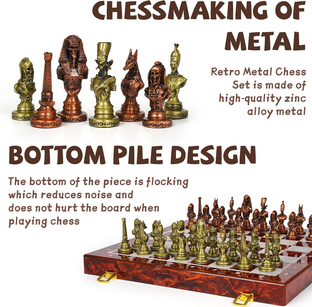 Large Egyptian Metal Chess Set for Adults - 15 Inch Foldable Wooden Chess Board with Weighted Antique Chess Pieces