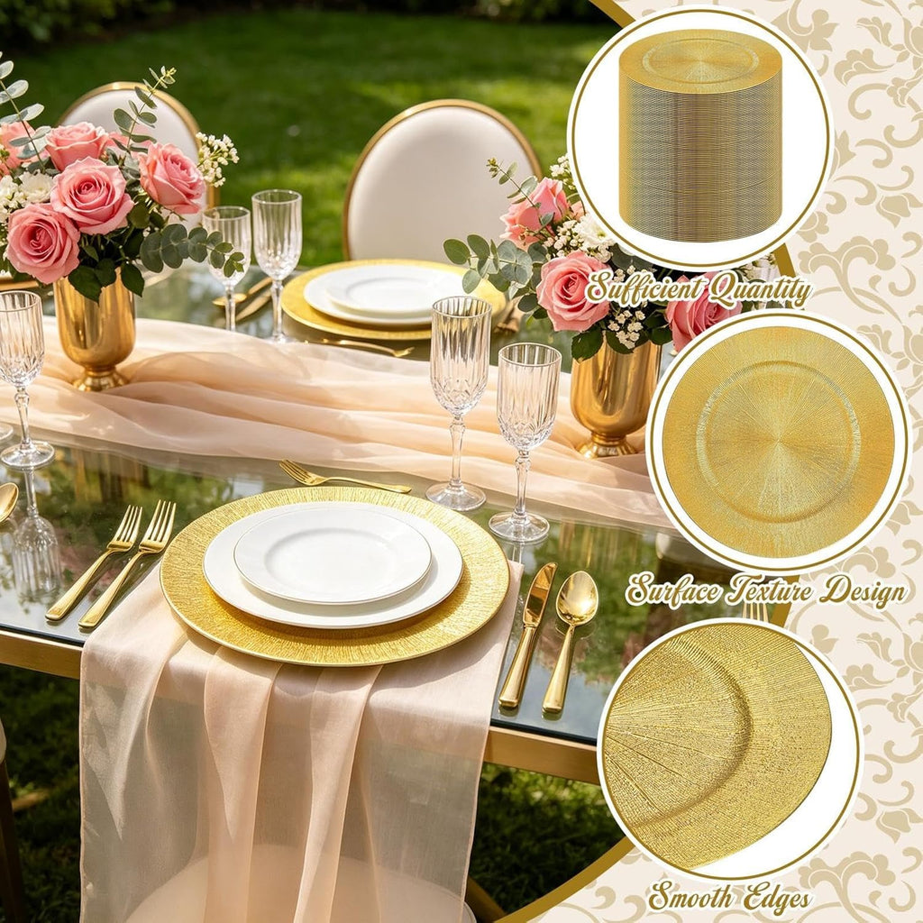 Golden Charger Plate Bulk,13 Inch Plastices Gold Chargers Plates Dinner Round Tray Tableware Dish For Table - Set of 100