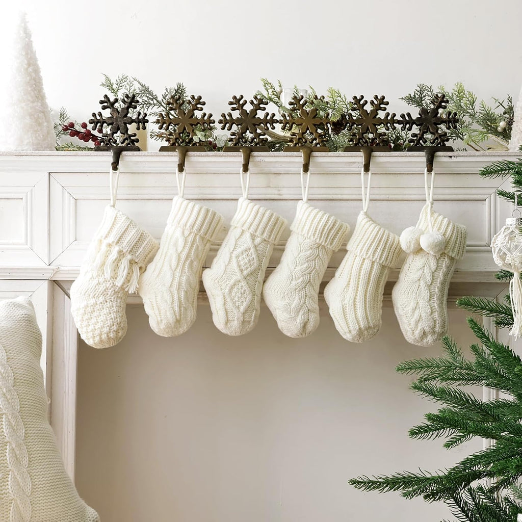 Rustic Mini Knitted Christmas Stockings: 6 Pack 9 Inch Beige Cable Knit Fireplace Stockings, Farmhouse Boho Style - Set of 6