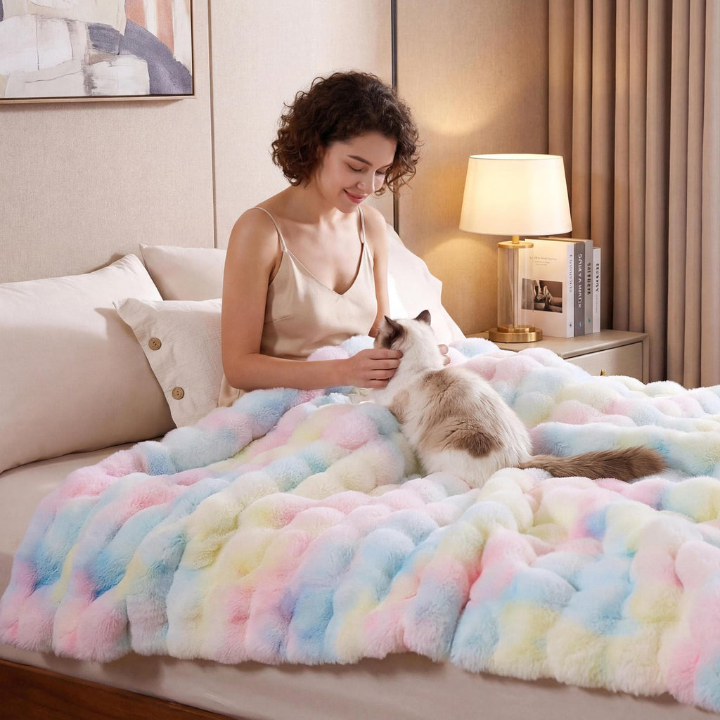 Faux Fur Throw Blanket, Rainbow Bubble Blanket 50"x60"