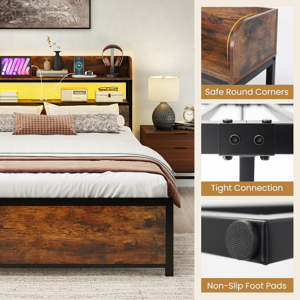 Bed Frame with Storage Headboard, Metal Platform Bed w/LED Light & Charging Station, Heavy Duty Slat