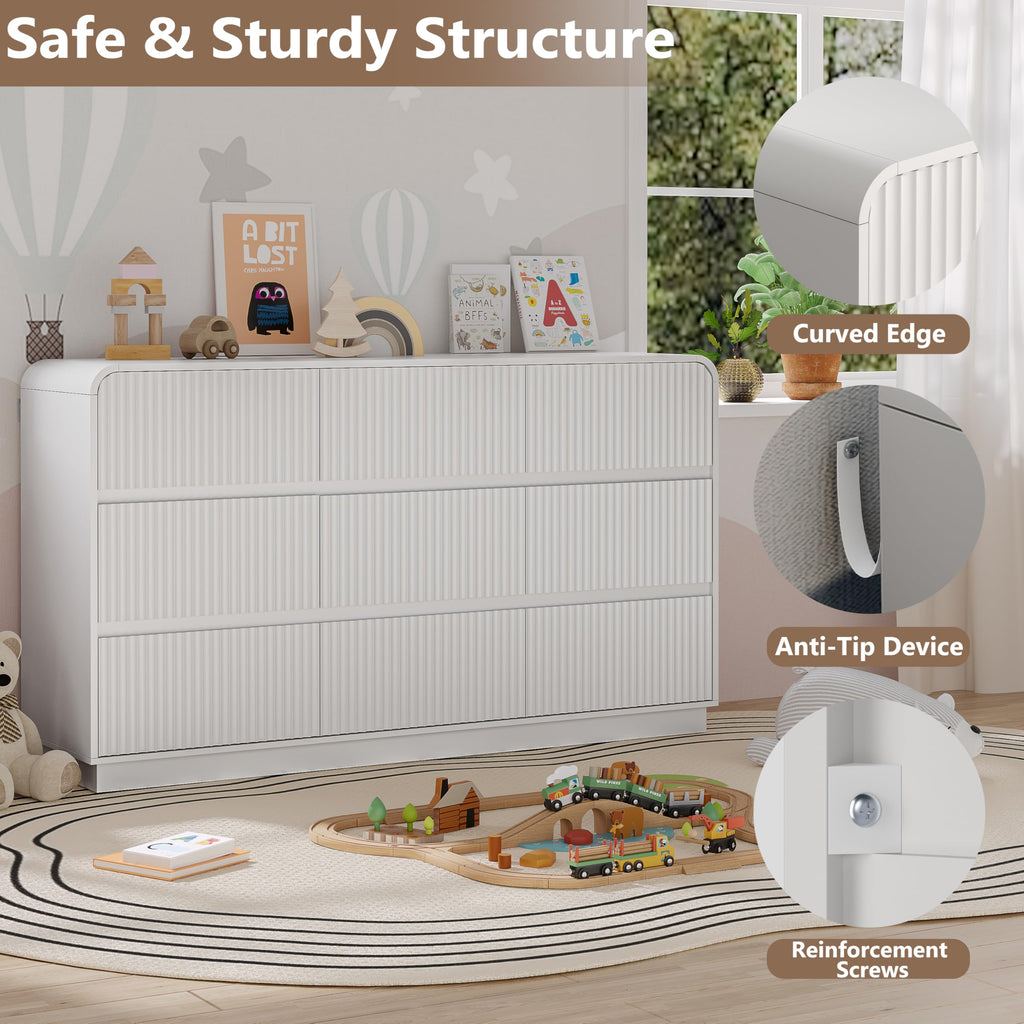 Dresser with 9 Drawers, Fluted Chest of Drawers with Round Curved Corner, Hidden Handles, Modern Wood Storage