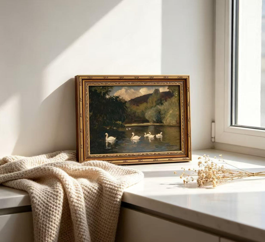 Vintage Gold Framed Swan Wall Art, Dark Moody Swans Lake Landscape Oli Painting Canvas Print, Antique Wildlife Bird