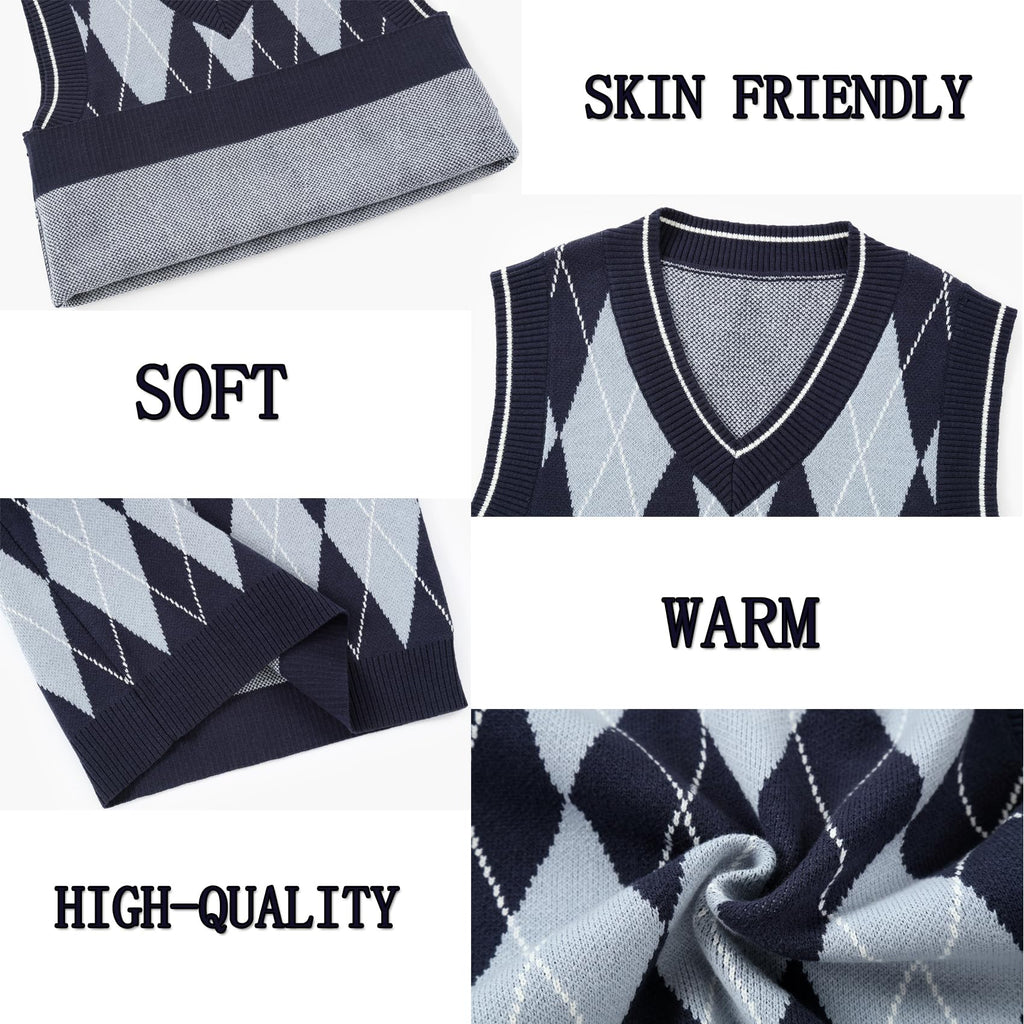 Boys Argyle Sweater Vest V-Neck Uniform Sleeveless Vest Kids Over Knit Sweaters for Children Navy