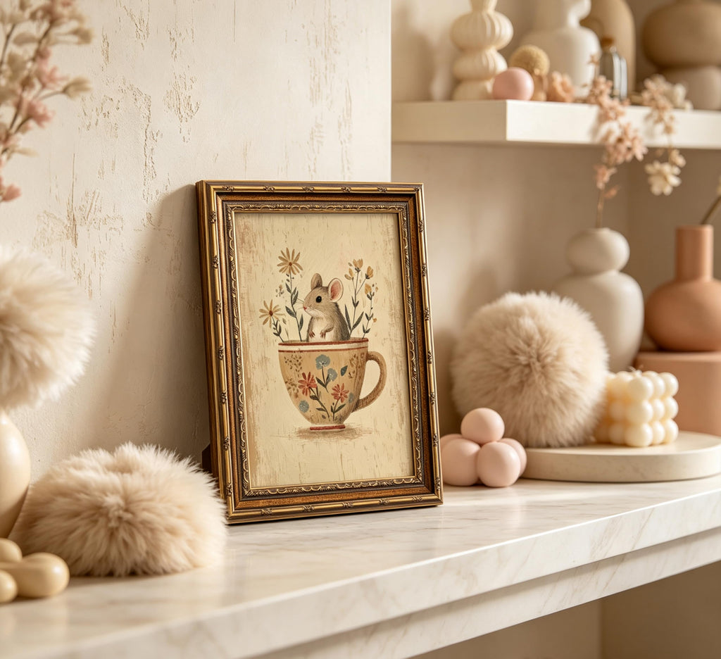 Vintage Gold Framed Mouse Wall Art, Rat in Floral Teacup Canvas Print, Cottagecore Whimsical Animal Picture Wall