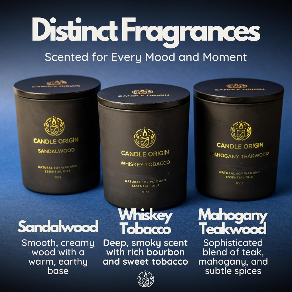 Luxury Candles for Men Gift Set (3×10oz) Masculine Scented Candles | Mahogany Teakwood, Whiskey Tobacco, Sandalwood