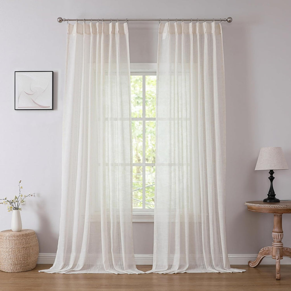 Boho 2 Panels Semi Sheer Pinch Pleated Curtains,Linen Blended 95 Inches Long Window Treatments,Light Filtering Pinch