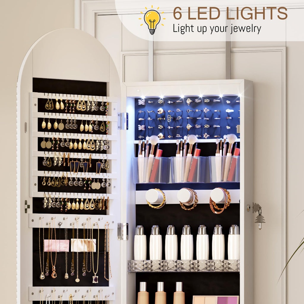 Wall Mounted Jewelry Organizer Lockable, 43"x16" Door Hanging Arched Mirror with Lights and Jewelry Storage, 6 LEDs
