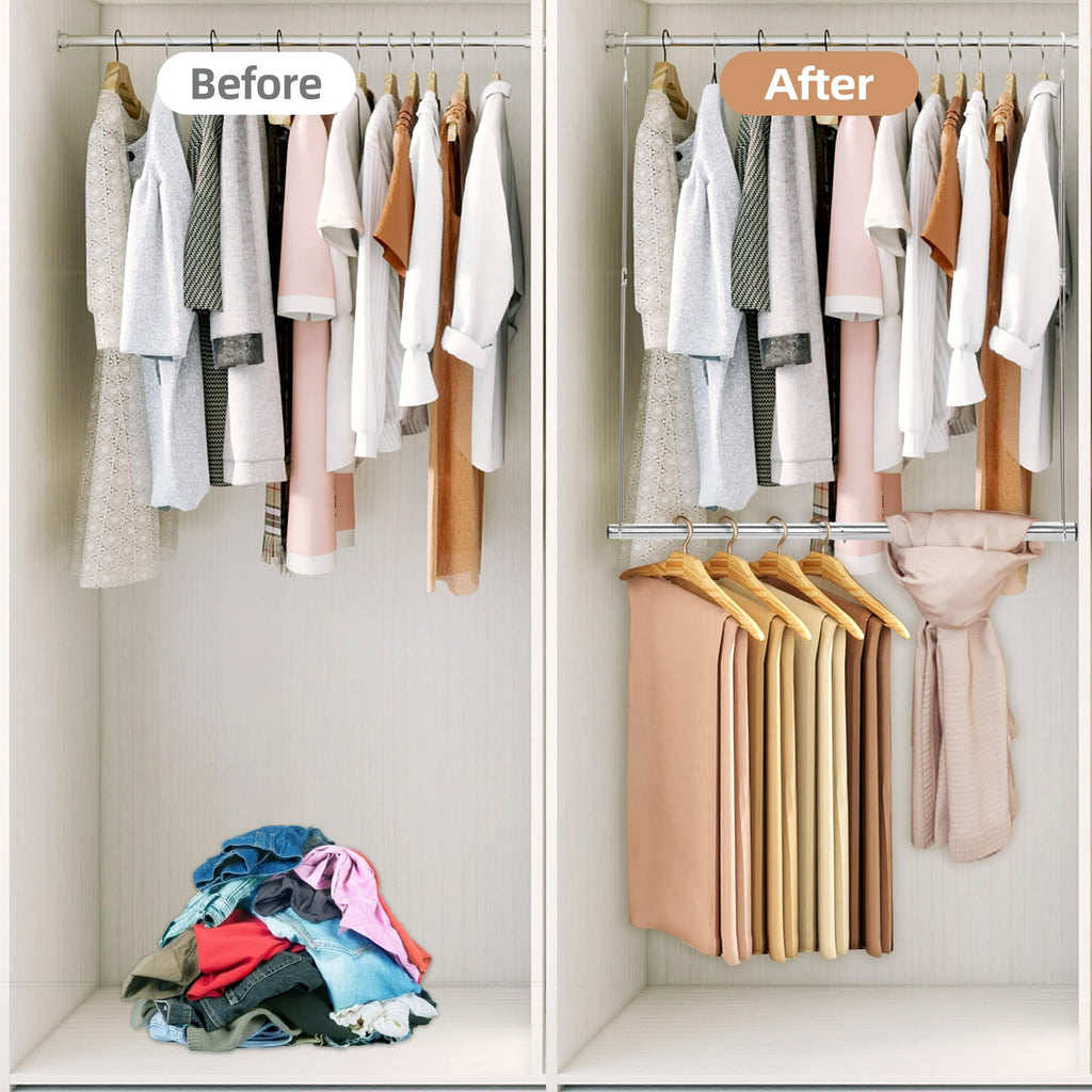 Hanging Closet Rod, Adjustable Width and Height Closet Hanging Organizer, Space-Saving Clothes Hanging Bar, Closet