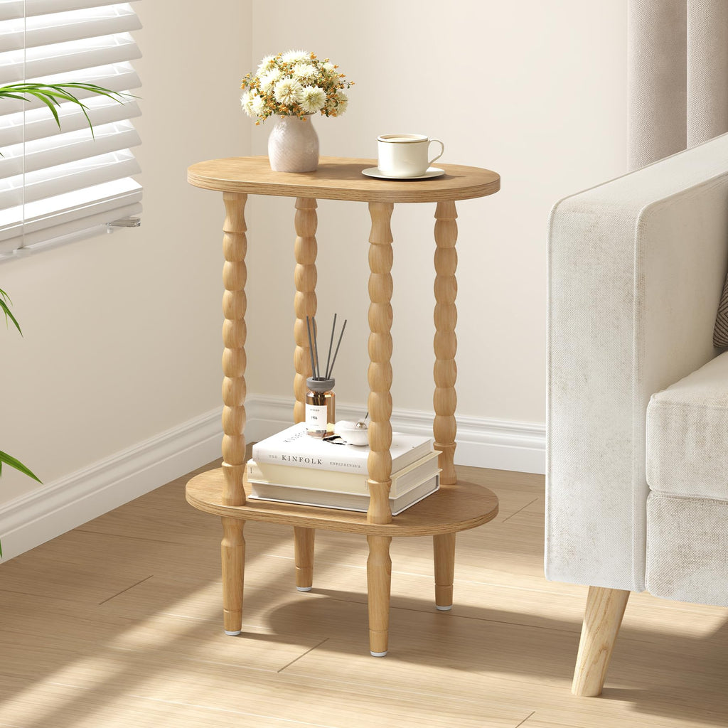 Narrow Side Table with Solid Wood Legs, Oval End Table Set of 2