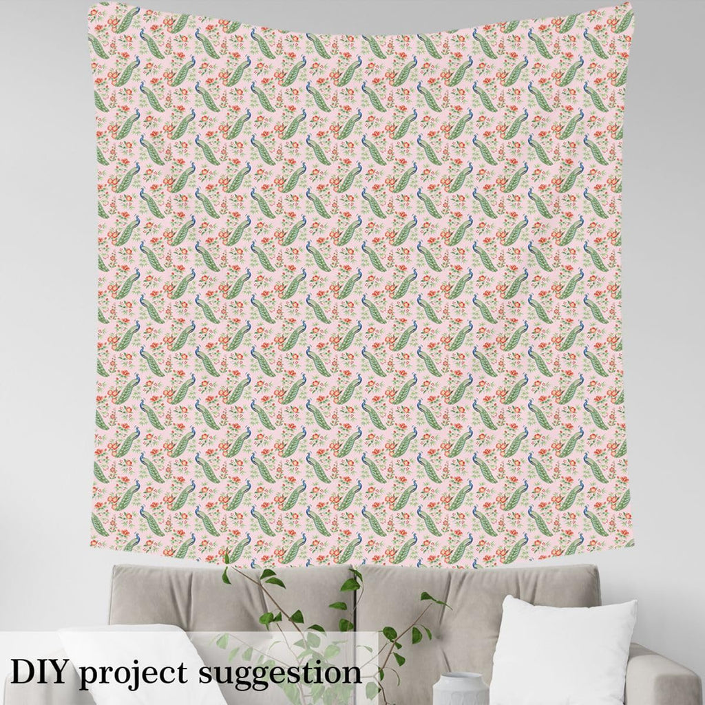 Peacock Print Soft Polyester, Green Leaves Washable Material for Handmade Supplies No Stretch Farmhouse Style Craft