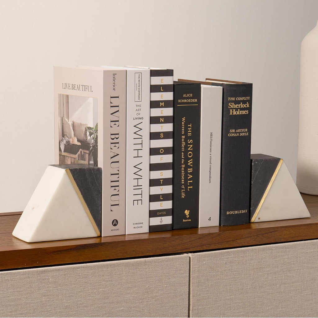 Marble Bookends with Gold Brass, Grey and White, Set of 2 | Heavy Book Ends for Shelves, Solid Stone Bookshelf Decor