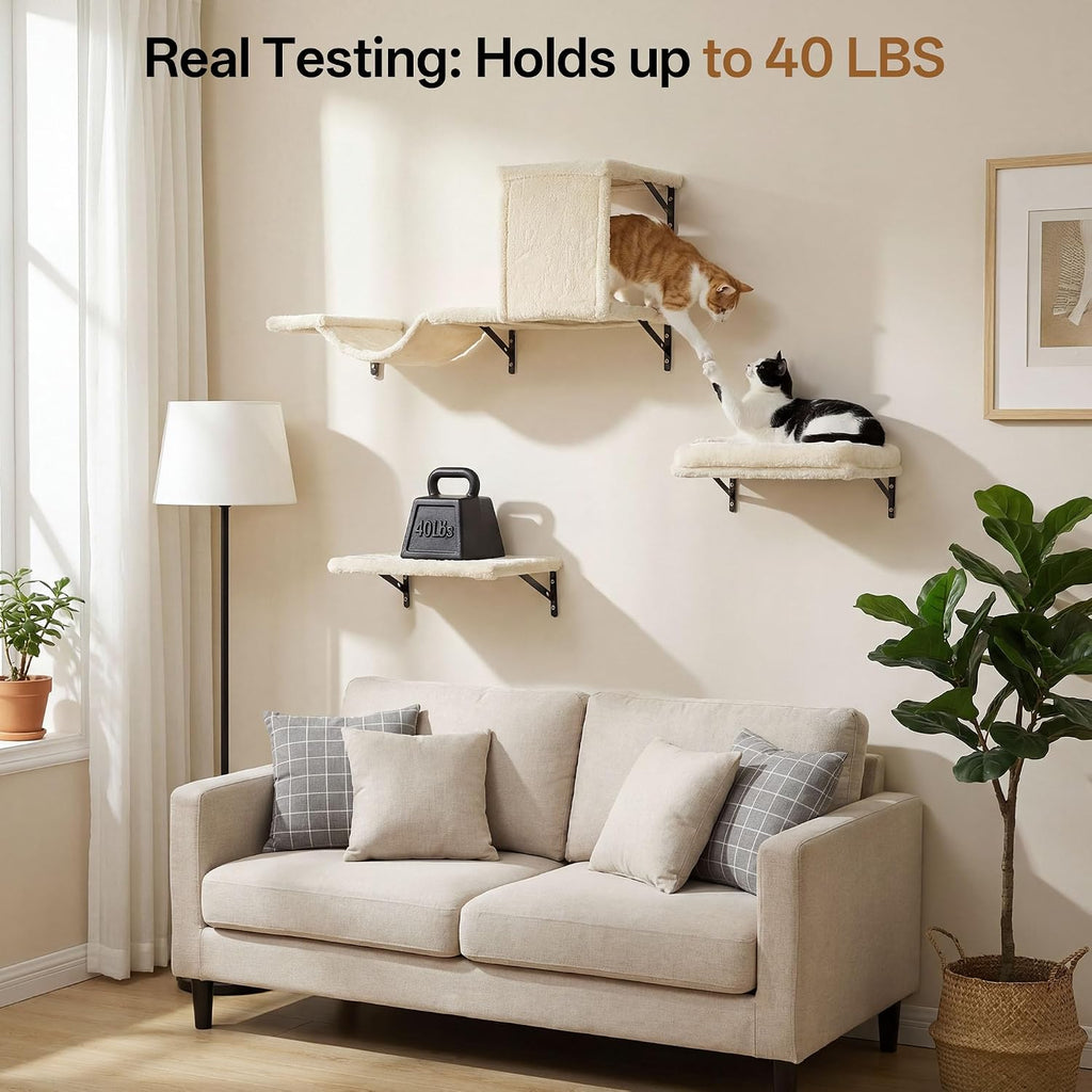 Cat Wall Shelves, 5-in-1 Cat Wall Furniture Set, Beige