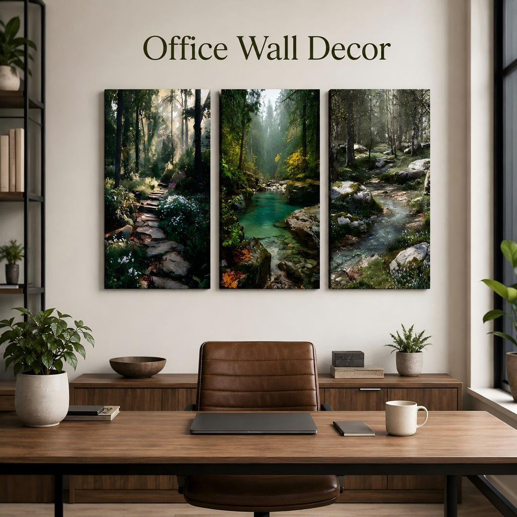 Natural Landscape Framed 3‐Panel Canvas Wall Art, Serene Woodland Path With Turquoise Creek And Wild Plants Canvas