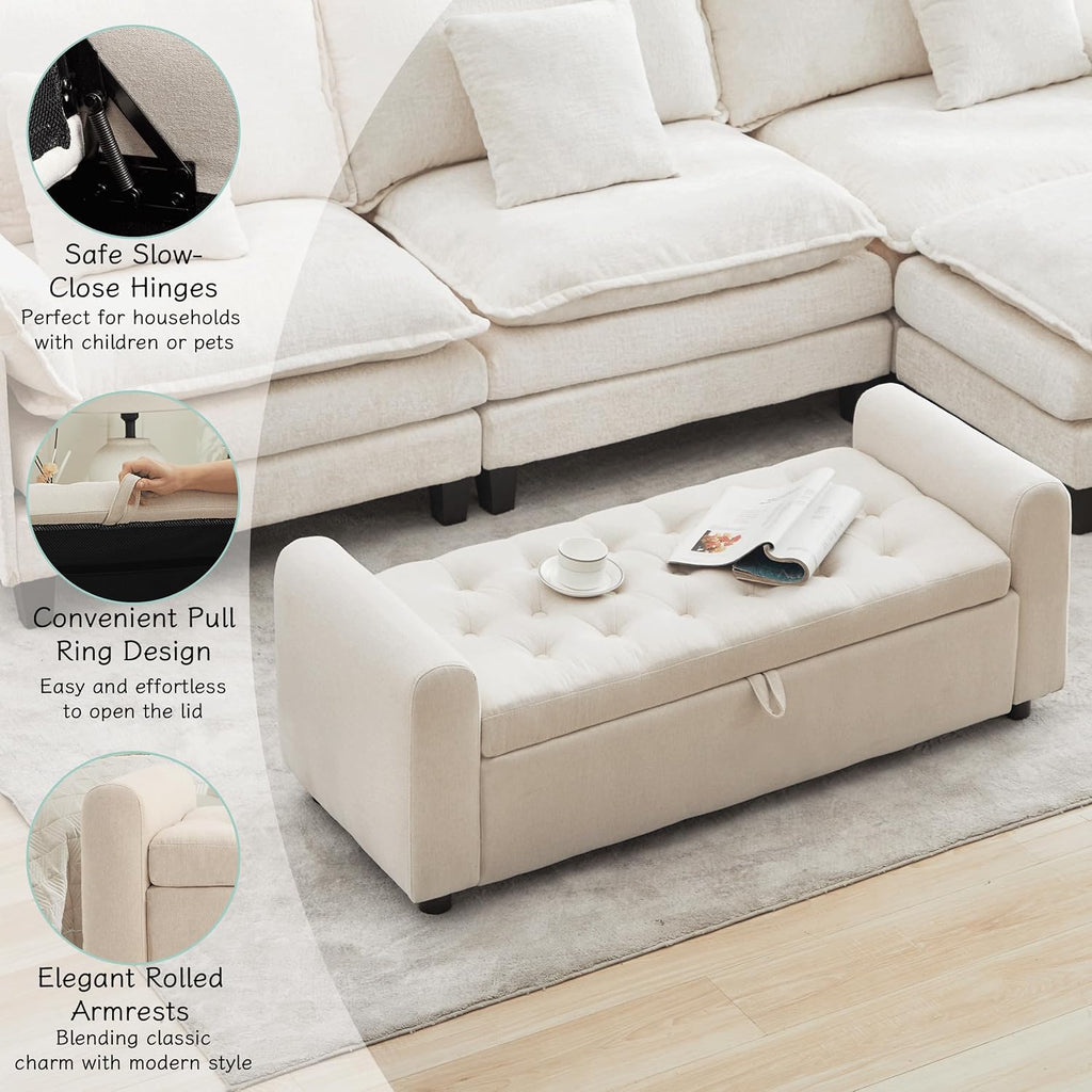 Ottoman with Storage, Tufted Storage Bench , 48" Fabrics End of Bed Bench, Upholstered Entryway Shoe Benches with