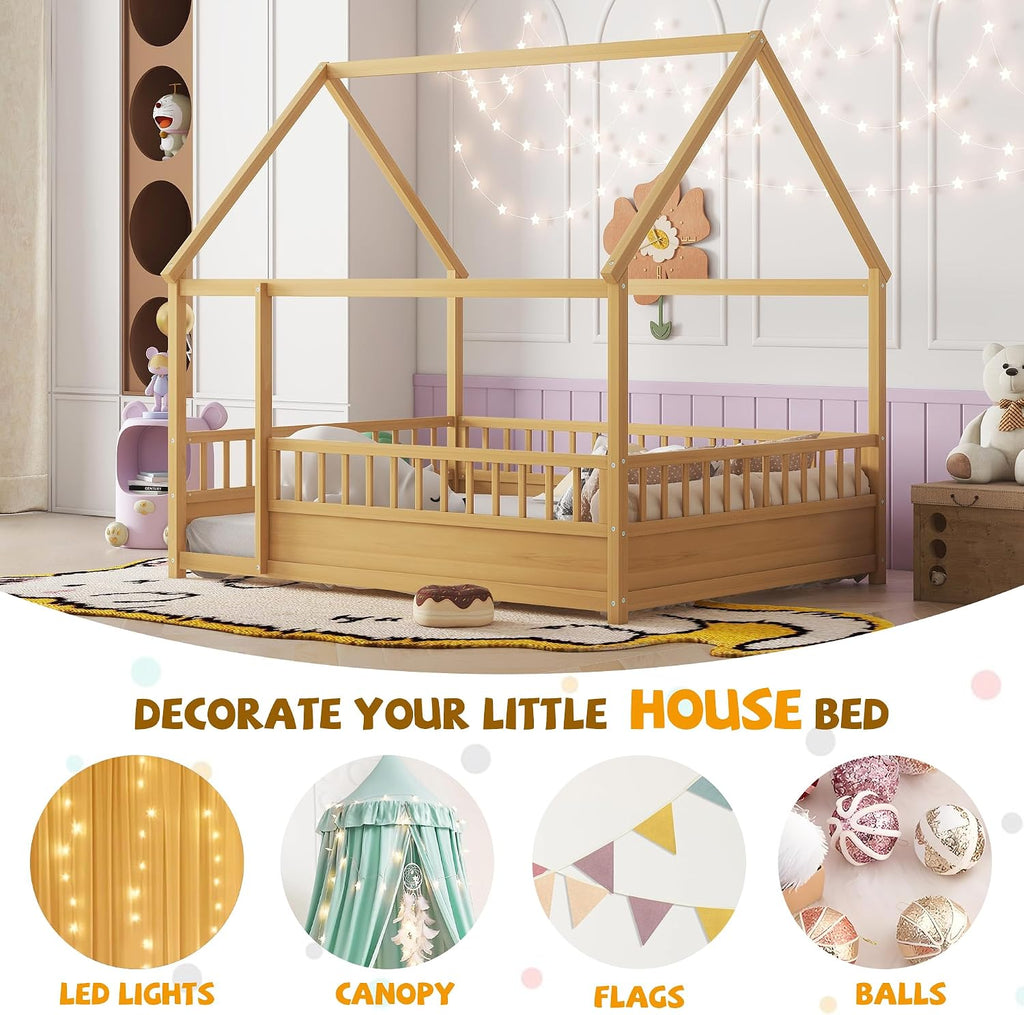 House Floor Bed Frame Full Size, Wood Montessori Floor Bed with High Fence and Roof, Easy Assemble Montessori Beds